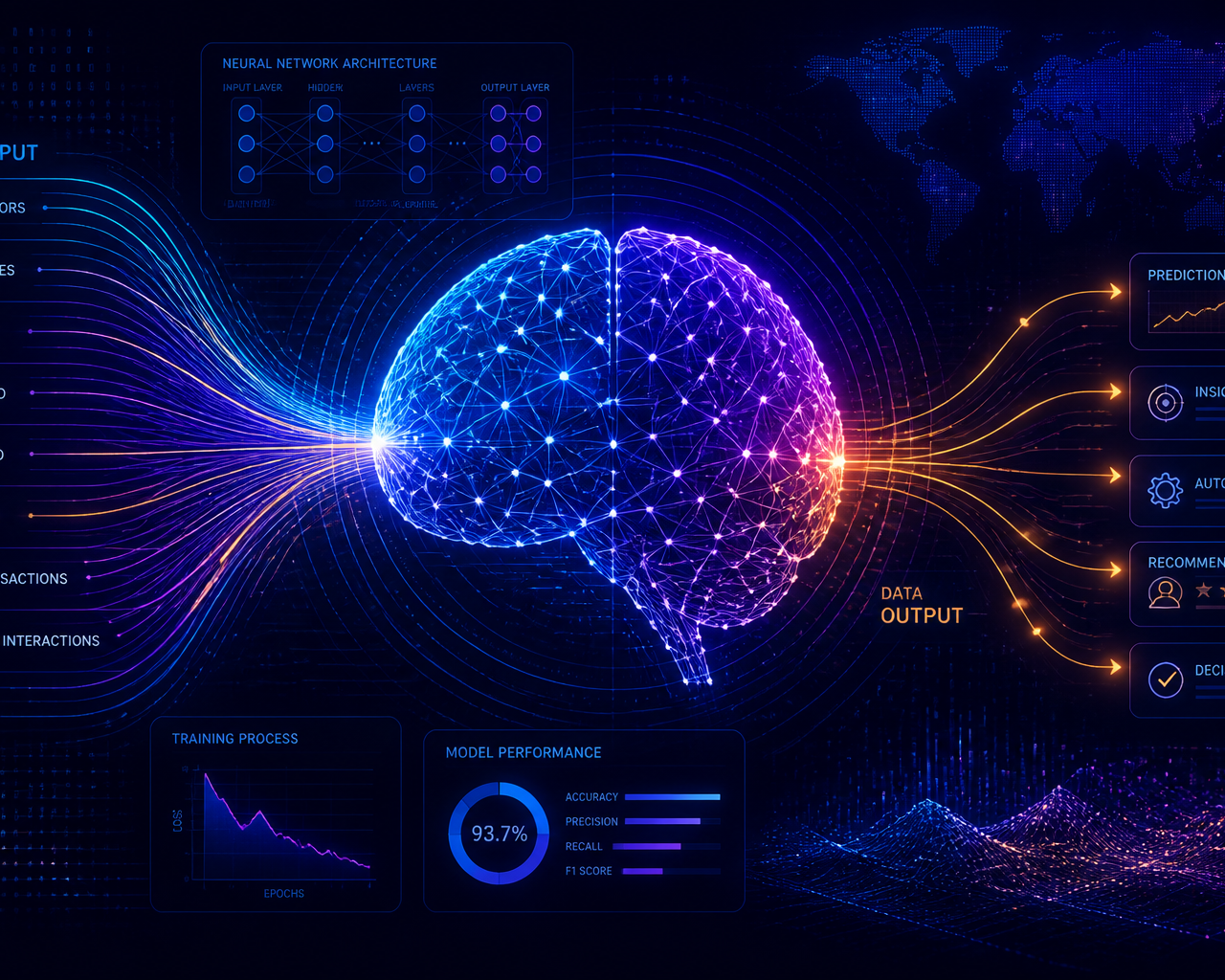 Illustration abstraite de réseaux neuronaux et de flux de données