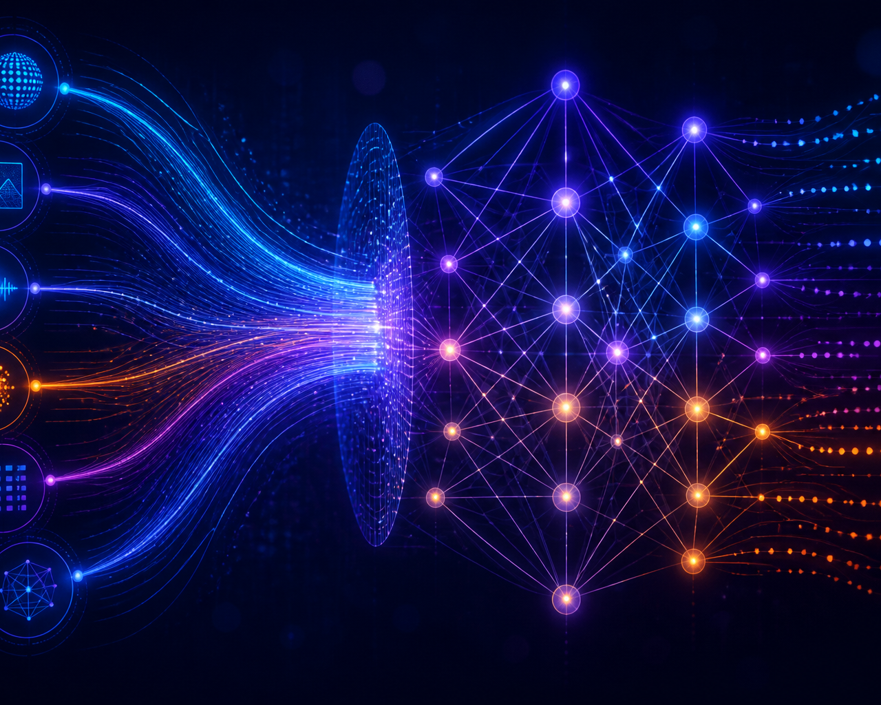 Abstrakte Darstellung von Datenflüssen und neuronalen Netzen in Blau, Violett und Orange.