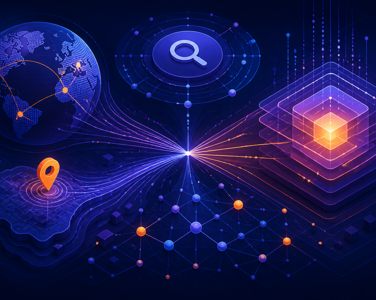 Ilustración abstracta que representa la interconexión de datos y optimización digital en 2026.