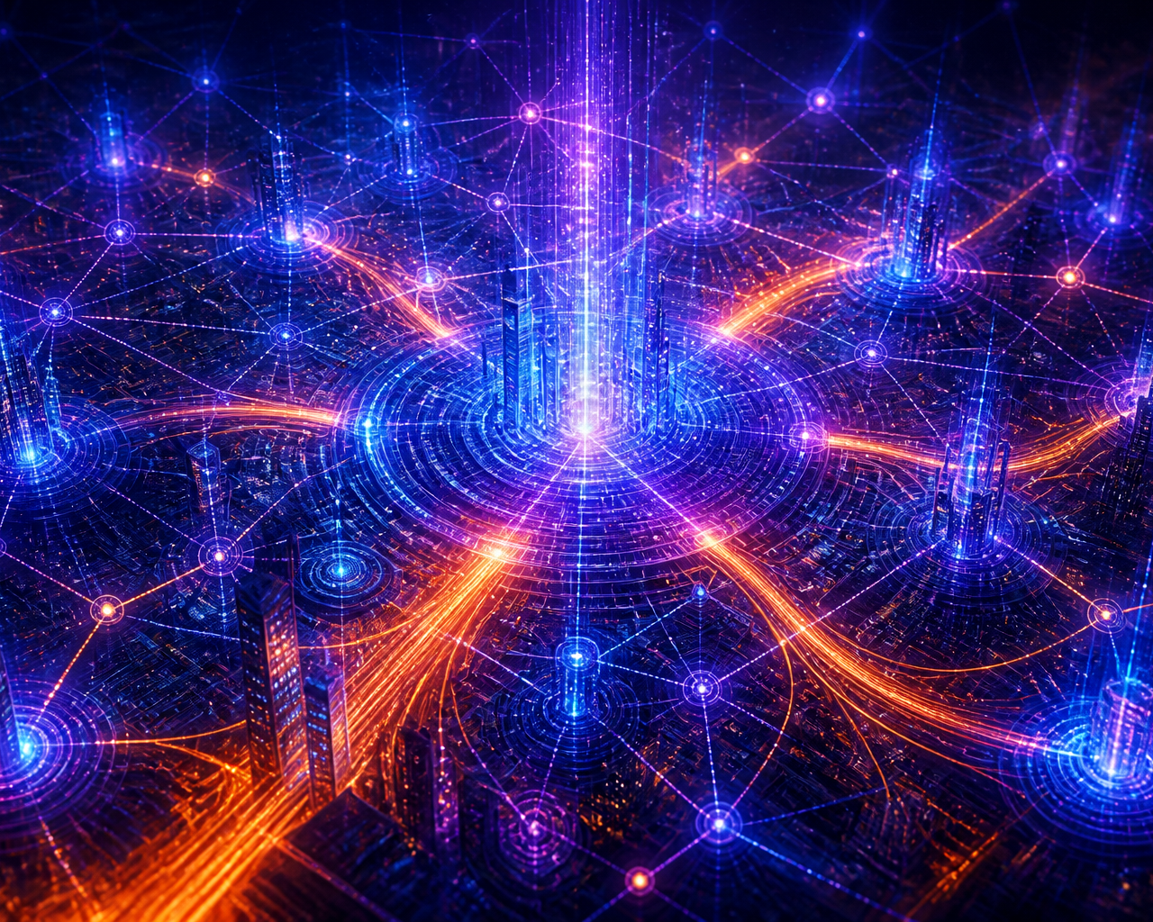 Rappresentazione astratta di una rete neurale digitale con connessioni luminose e flussi di dati.