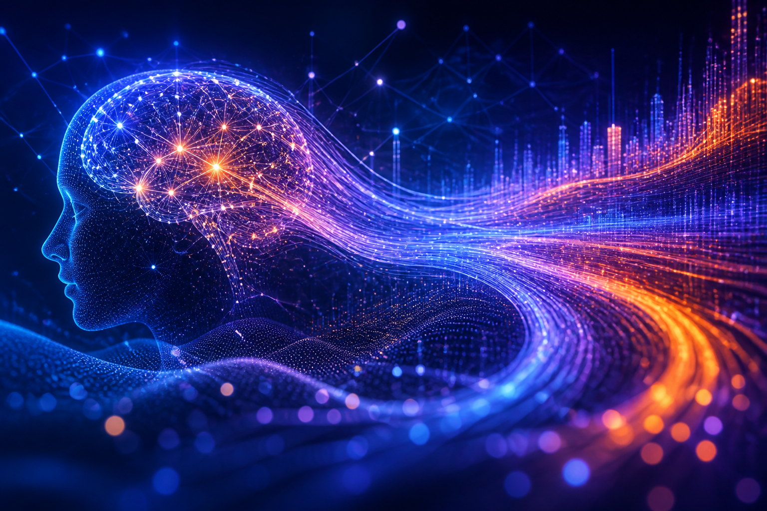 Ilustración abstracta de red neuronal y flujos de datos en tonos azules, violetas y naranjas.