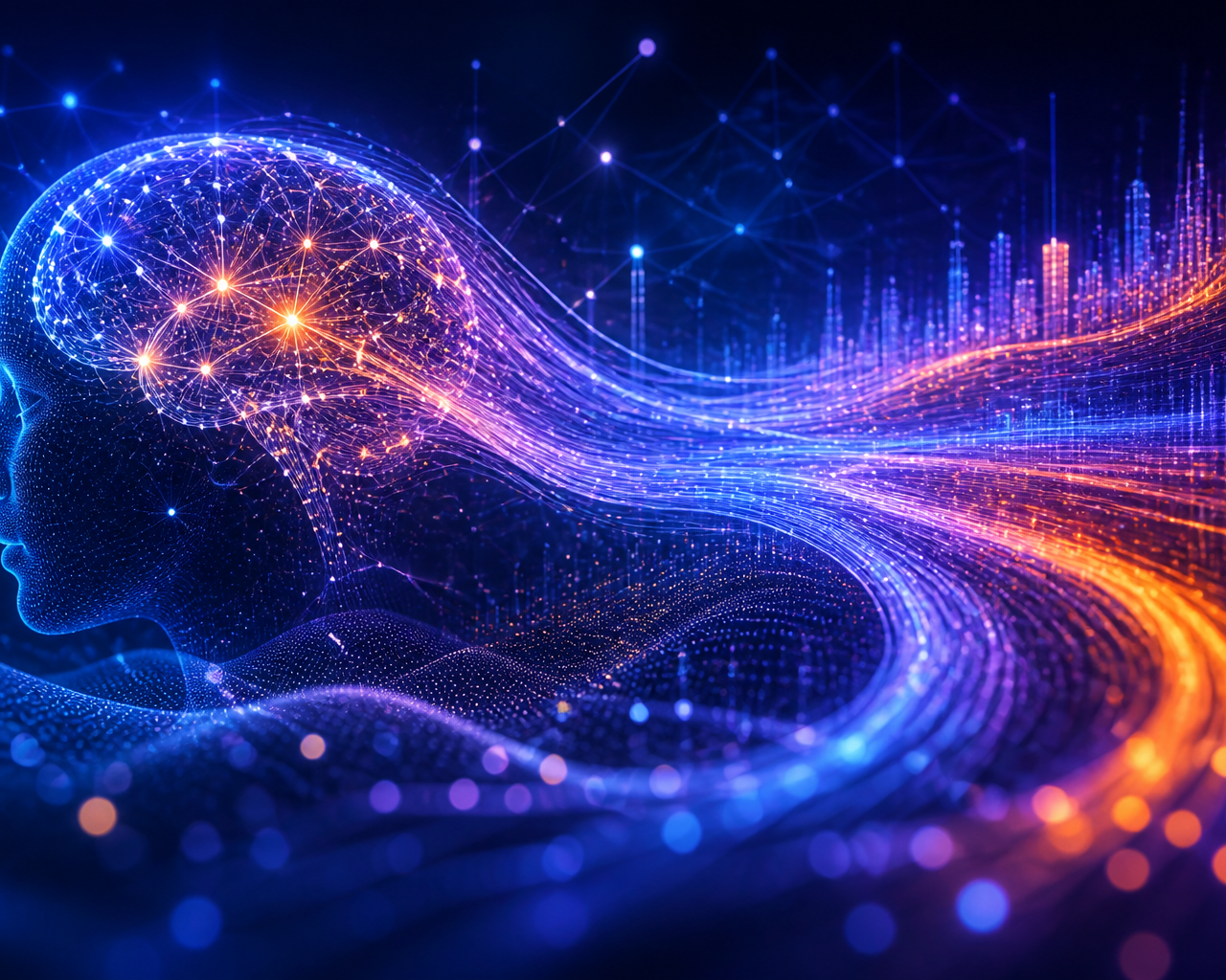 Ilustración abstracta de red neuronal y flujos de datos en tonos azules, violetas y naranjas.