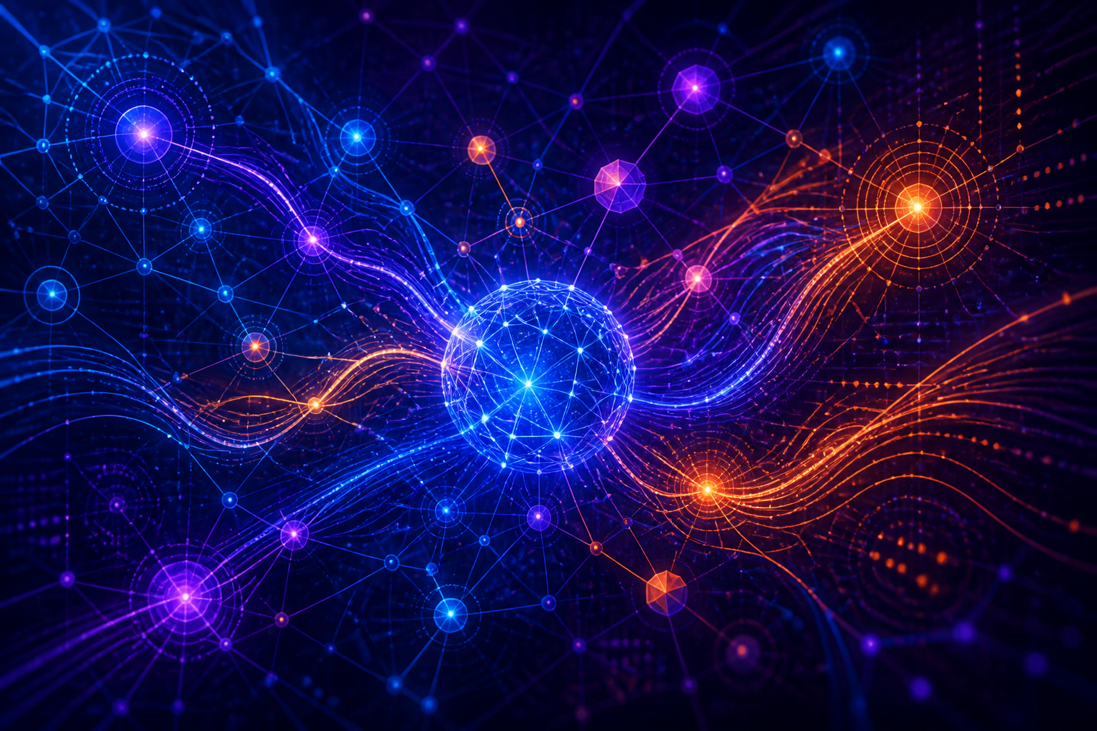 Illustration abstraite de flux de données interconnectés symbolisant l'IA et l'information.