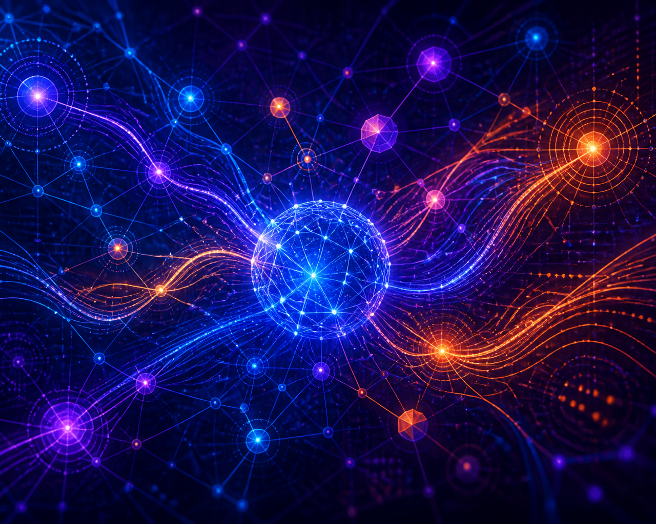 Illustration abstraite de flux de données interconnectés symbolisant l'IA et l'information.