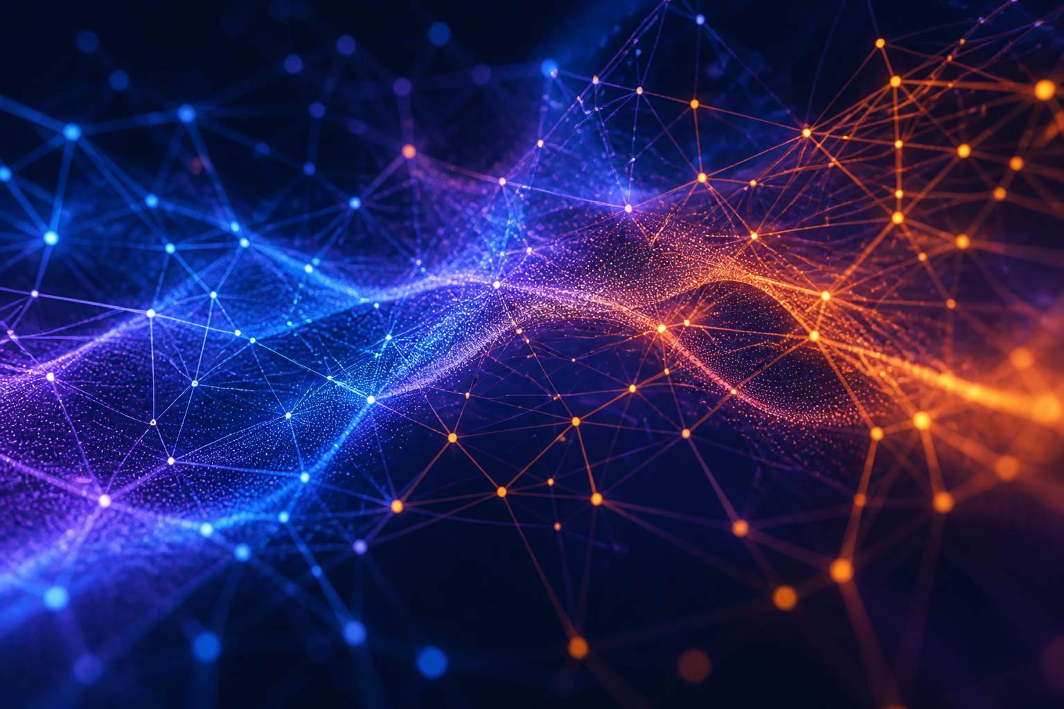 Abstrakte Darstellung von Datenflüssen und Netzwerken in Blau, Violett und Orange.