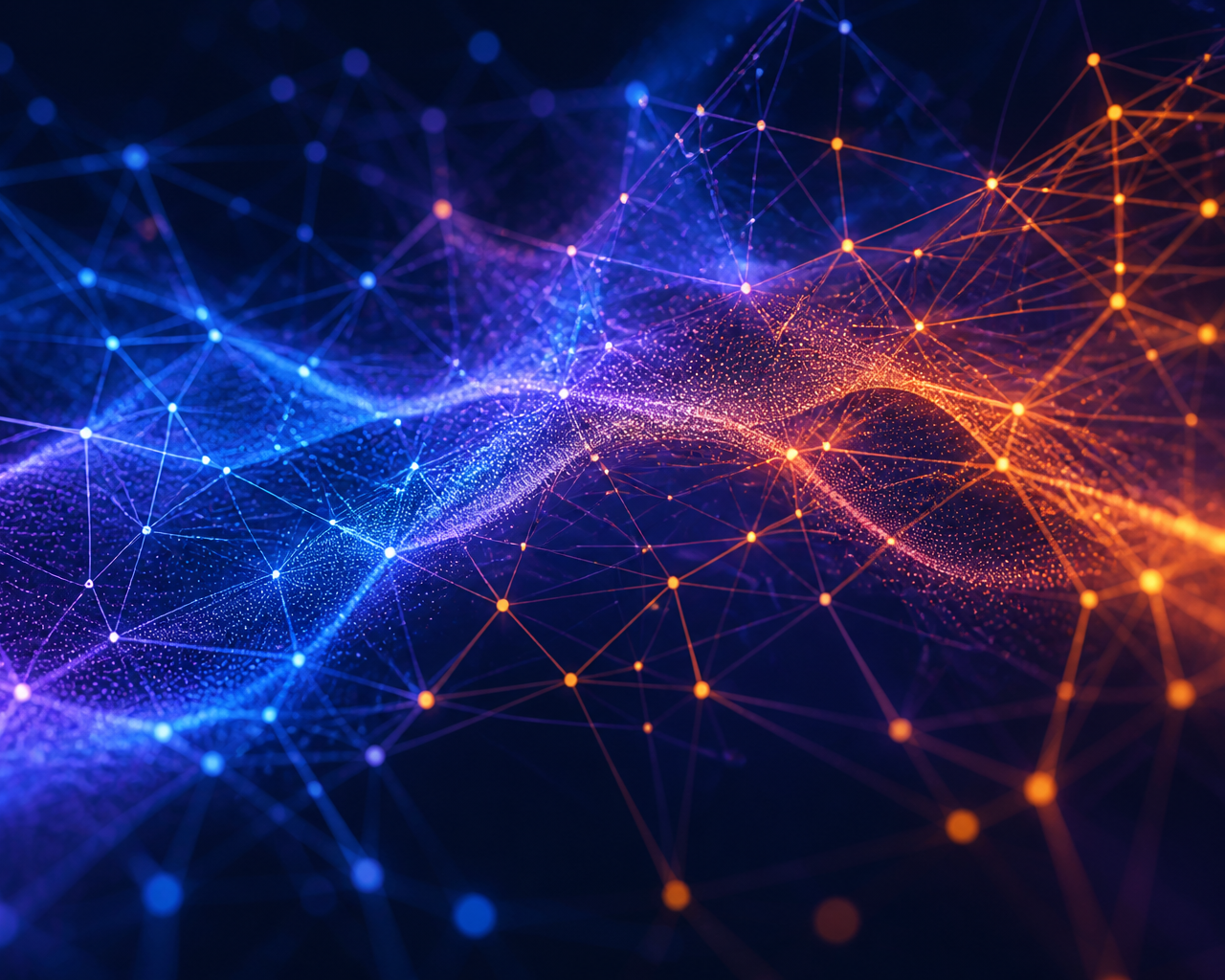 Abstrakte Darstellung von Datenflüssen und Netzwerken in Blau, Violett und Orange.