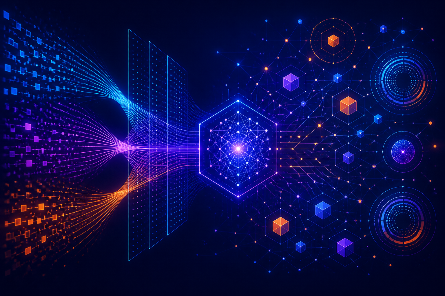 Ilustração abstrata de dados e fluxo de IA em tons de azul, violeta e laranja.