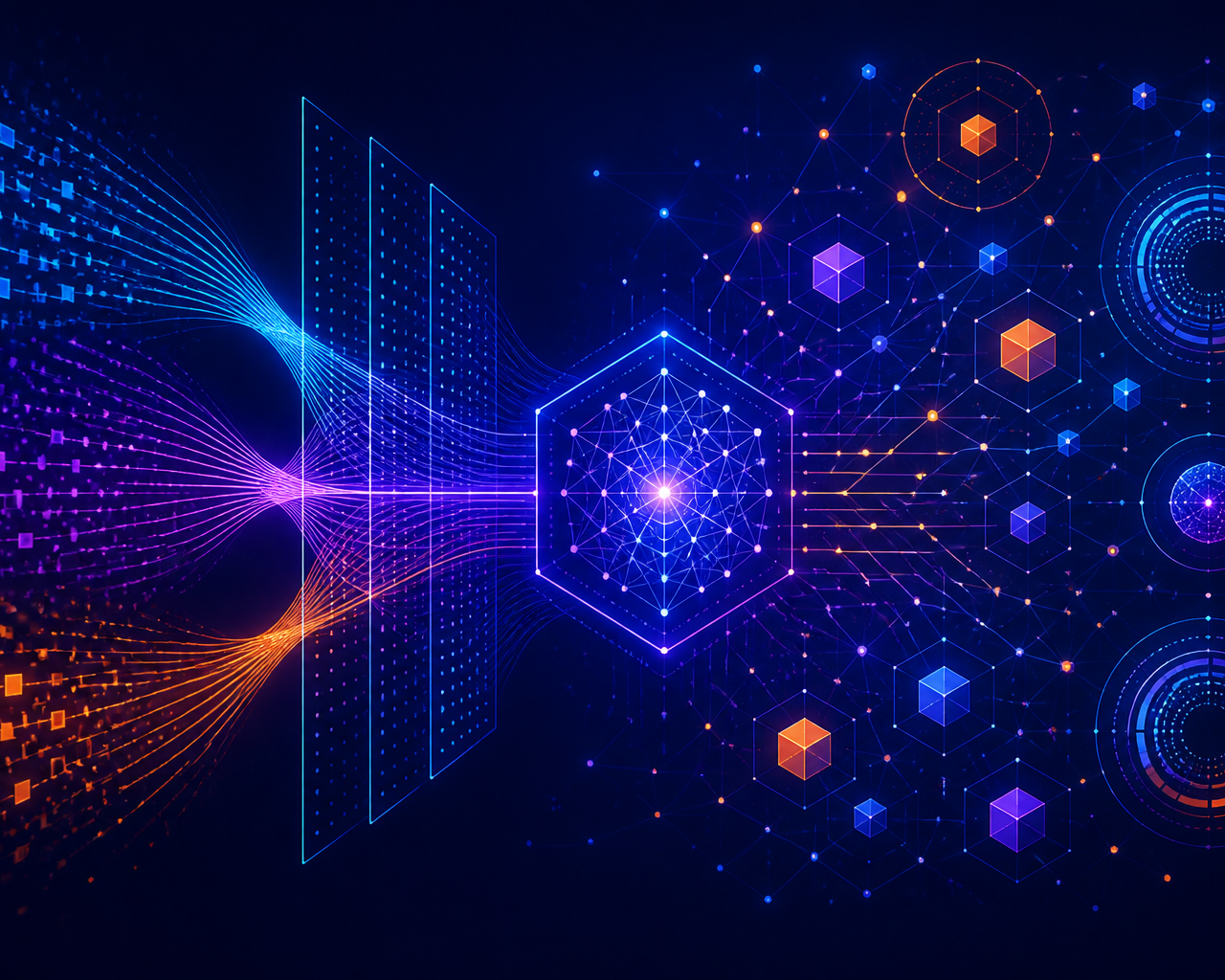 Ilustração abstrata de dados e fluxo de IA em tons de azul, violeta e laranja.