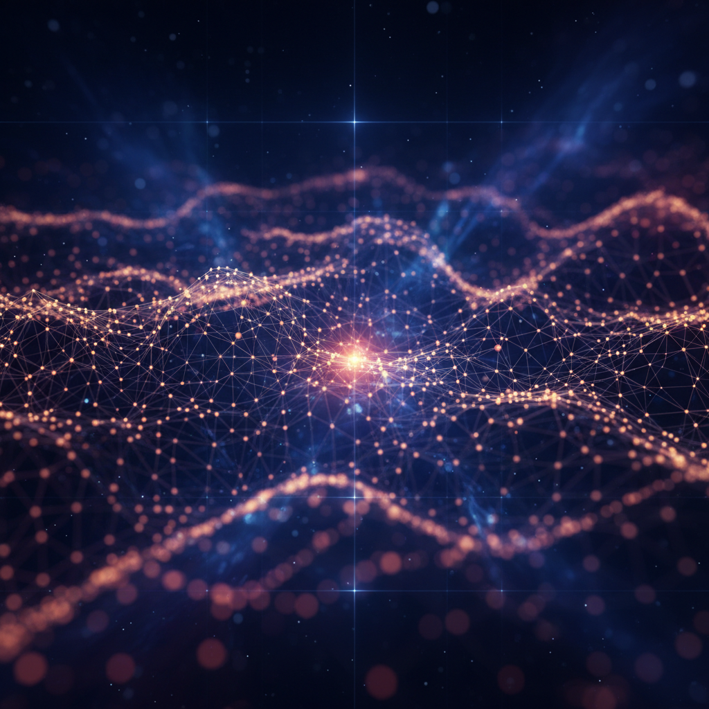 Eine abstrakte Darstellung eines digitalen Netzwerks mit verbundenen Datenpunkten, das die Komplexität und Verknüpfung einer Faktendatenbank symbolisiert.