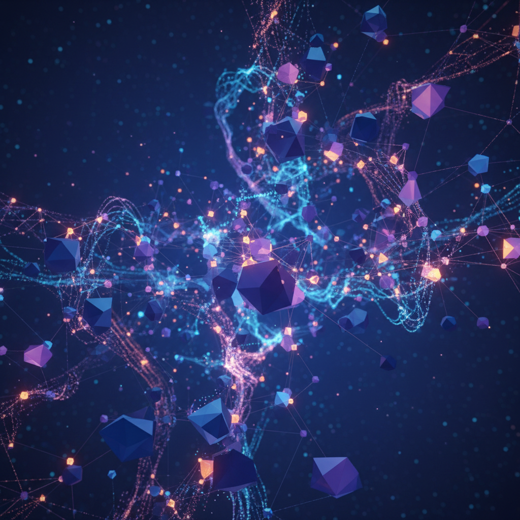 Paesaggio digitale astratto con nodi interconnessi e flussi di dati luminosi, che simboleggiano l'elaborazione delle informazioni da parte dell'IA.