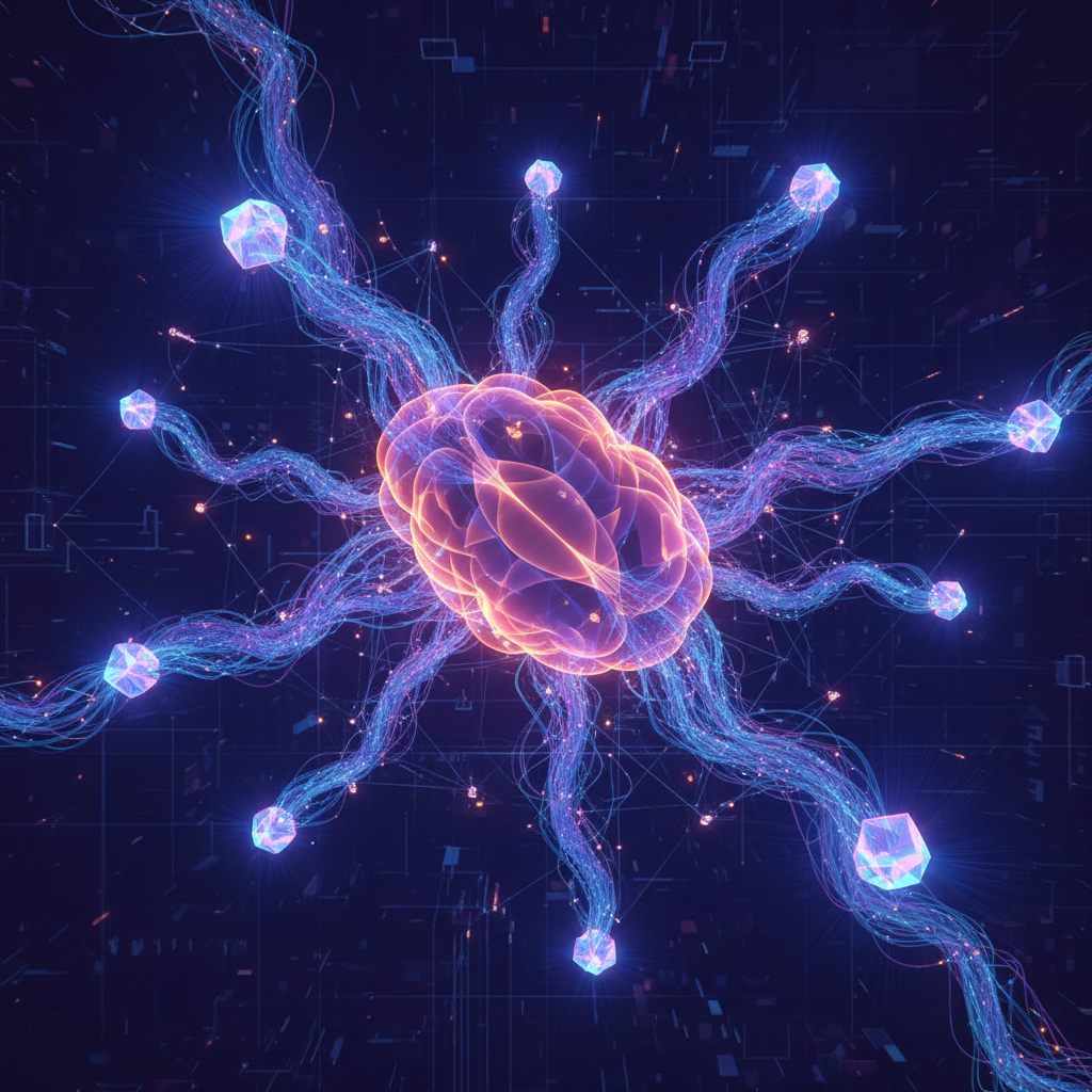 Abstract digital network showing interconnected data points and AI processing, with blue, violet, and orange hues.