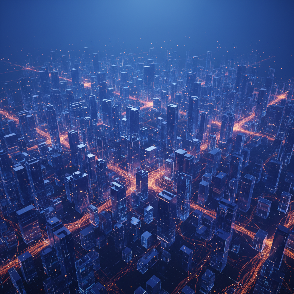 Visualización abstracta de una red neuronal interconectada sobre un paisaje digital, con flujos de datos en tonos azules, violetas y naranjas.