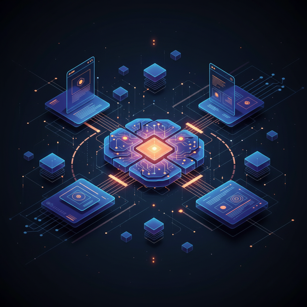 Ilustração abstrata de páginas digitais interconectadas alimentando uma inteligência artificial, simbolizando a importância da paginação estruturada.