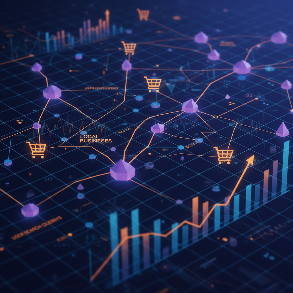 Abstrakte Darstellung einer digitalen Landkarte mit verbundenen Geschäftspunkten, E-Commerce-Symbolen und Wachstumsdiagrammen in Blau, Violett und Orange.