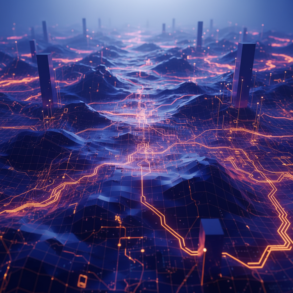 Paesaggio digitale astratto che simboleggia il flusso di dati e l'intelligenza artificiale con colori blu, viola e arancione.